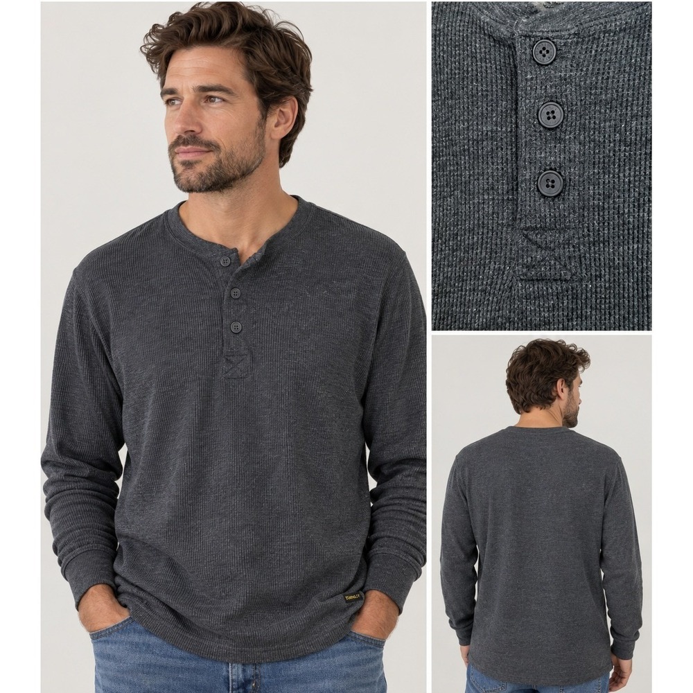 Stanley Workwear Mens Waffle Knit Thermal Henley 2XL Gray Long Sleeve‎ Outdoor